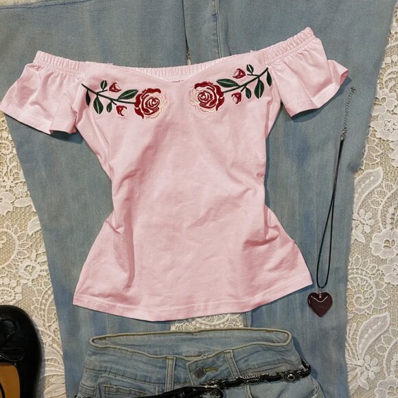 Original Vintage Romantic Rose Embroidery Pink Short Sleeve T-Shirt Women - Picture 2 of 4